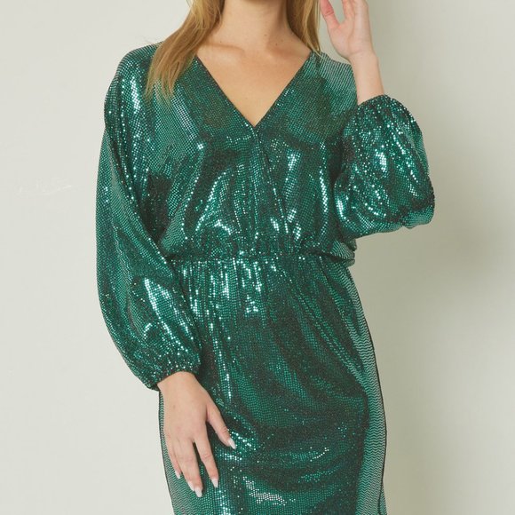 NWT Entro Shiny Green Metallic Long Sleeve Mini Dress - Picture 2 of 8